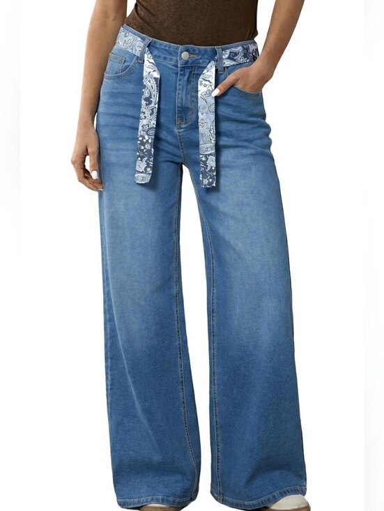 Denim - NWT Lightweight Wide Leg Denim Jeans w/ Paisley Tie Belt Size 14